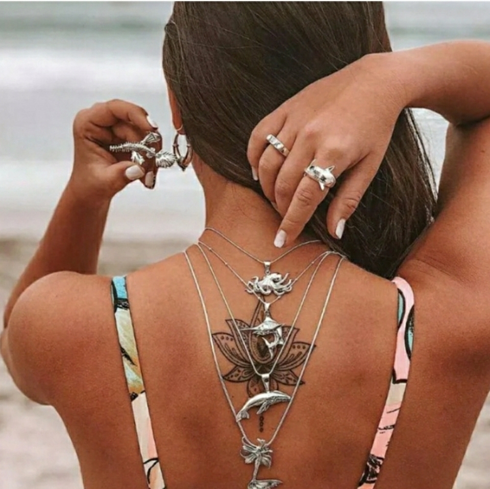 Sea Life Nautical Layered necklace Sea silver Dolphin mermaid fish octopus *